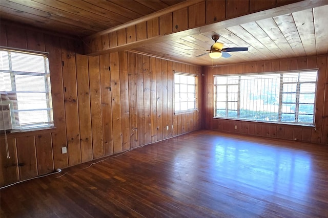 empty room with ceiling fan, wood walls, dark hardwood / wood-style flooring, and wooden ceiling