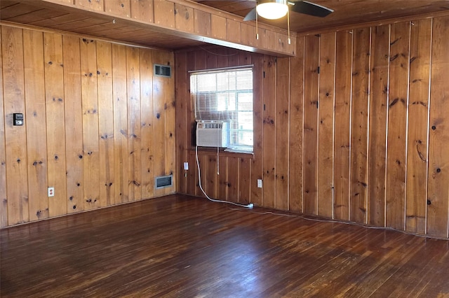 spare room featuring cooling unit, ceiling fan, dark wood-type flooring, wooden ceiling, and wood walls