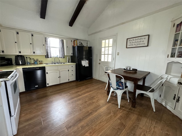 kitchen with sink, white cabinetry, lofted ceiling with beams, dark hardwood / wood-style flooring, and black appliances