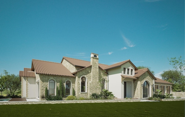 exterior space featuring a garage and a front lawn