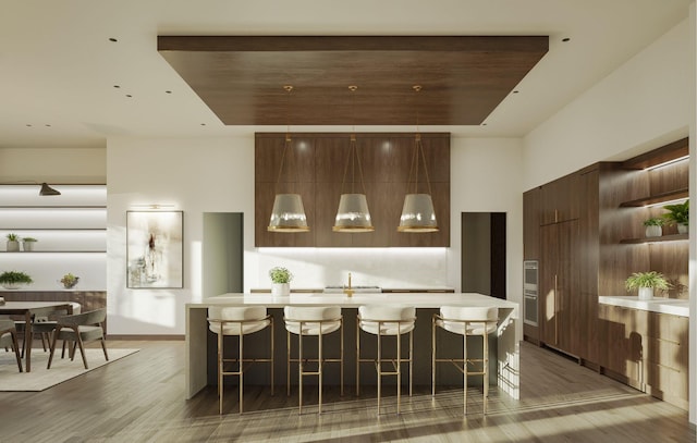 bar featuring hardwood / wood-style floors and wooden ceiling