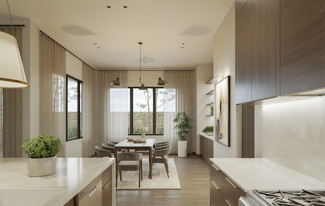 kitchen with dishwasher, light wood-type flooring, and hanging light fixtures