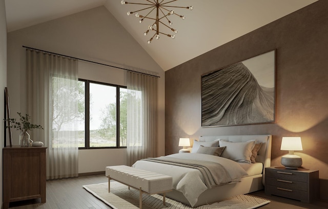 bedroom featuring a chandelier, light hardwood / wood-style floors, and vaulted ceiling