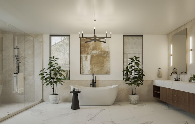 bathroom featuring a wall of windows, vanity, a chandelier, and shower with separate bathtub