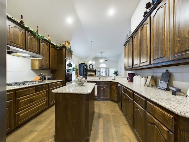 kitchen with backsplash, lofted ceiling, kitchen peninsula, and stainless steel appliances