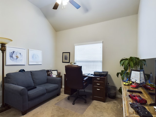 office with light carpet, vaulted ceiling, and ceiling fan