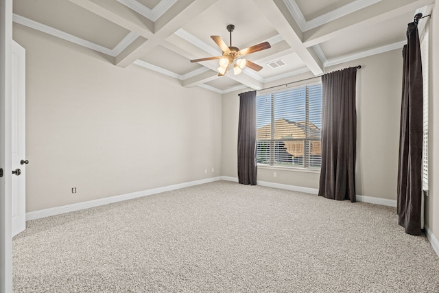 spare room with beamed ceiling, light carpet, and coffered ceiling