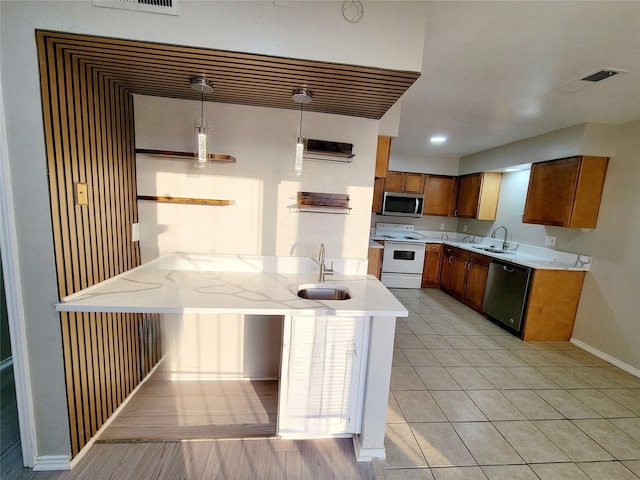 kitchen featuring dishwasher, sink, kitchen peninsula, white range with electric cooktop, and pendant lighting