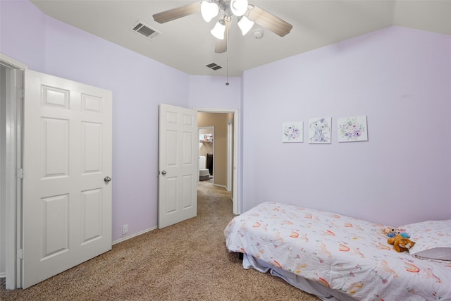 bedroom featuring ceiling fan, carpet, and lofted ceiling