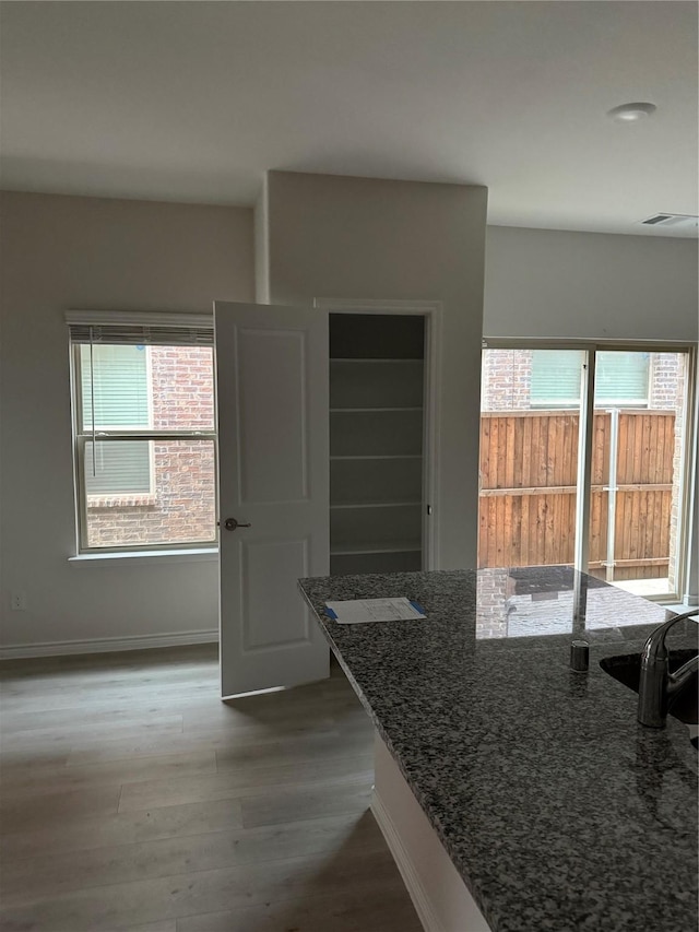 kitchen with a healthy amount of sunlight, dark wood-type flooring, and dark stone counters