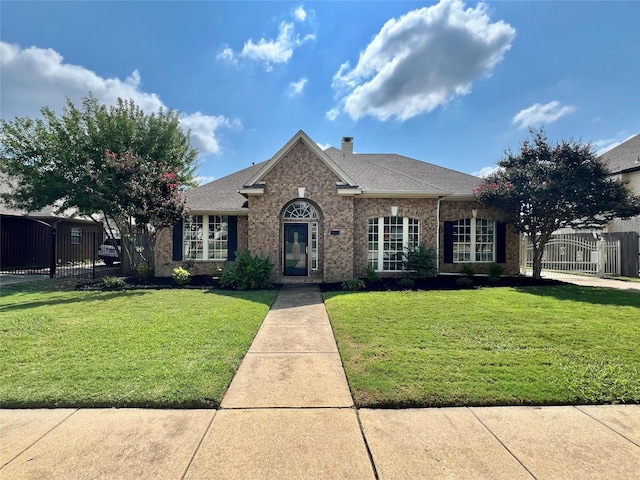 single story home featuring brick siding, roof with shingles, a front yard, and a gate