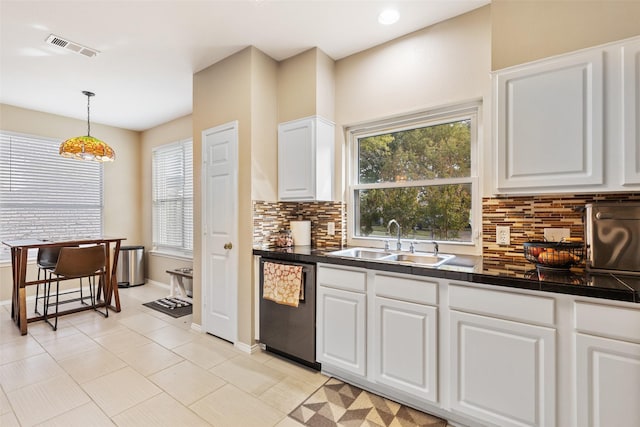 kitchen featuring tasteful backsplash, sink, decorative light fixtures, dishwasher, and white cabinetry