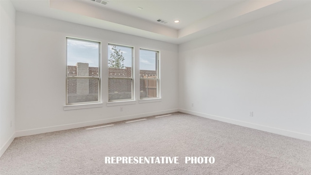 empty room with a raised ceiling and carpet floors