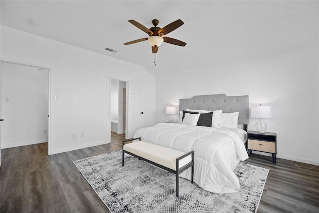 bedroom featuring ceiling fan and dark wood-type flooring