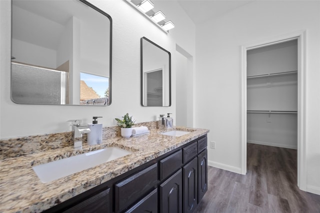 bathroom featuring vanity, wood-type flooring, and walk in shower