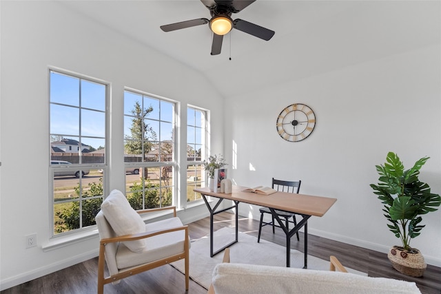 office space with ceiling fan, wood-type flooring, and vaulted ceiling