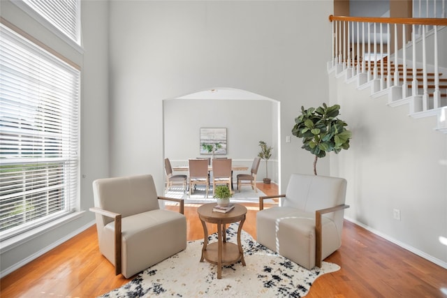 sitting room featuring a high ceiling, light hardwood / wood-style floors, and a healthy amount of sunlight