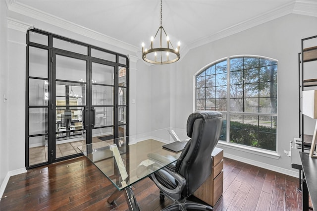 home office with dark hardwood / wood-style floors, crown molding, and a notable chandelier