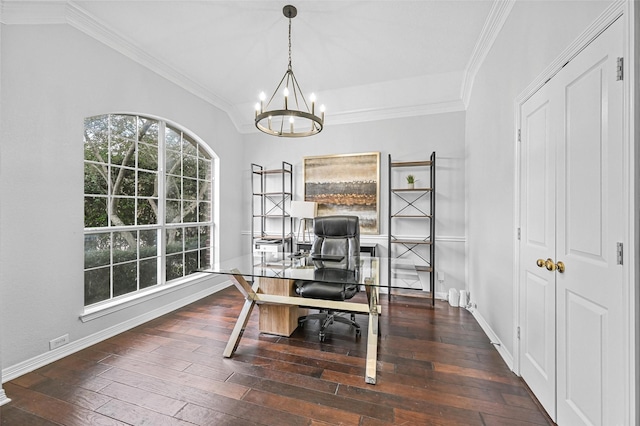 office featuring a notable chandelier, a healthy amount of sunlight, ornamental molding, and dark wood-type flooring