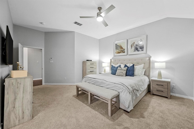 carpeted bedroom featuring ceiling fan and lofted ceiling