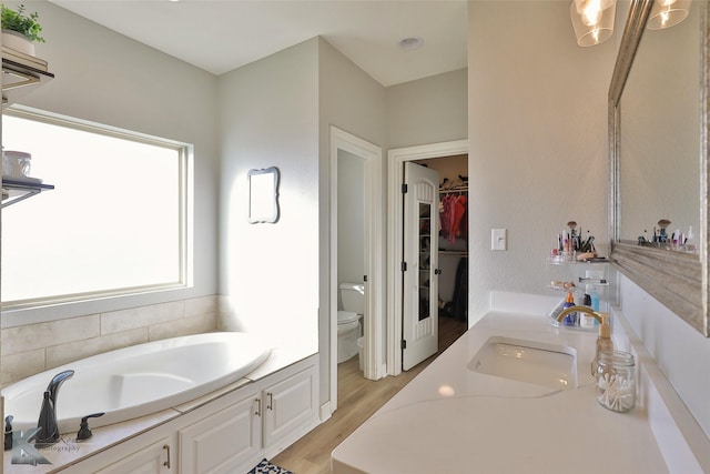 bathroom featuring wood-type flooring, vanity, a bathtub, and toilet