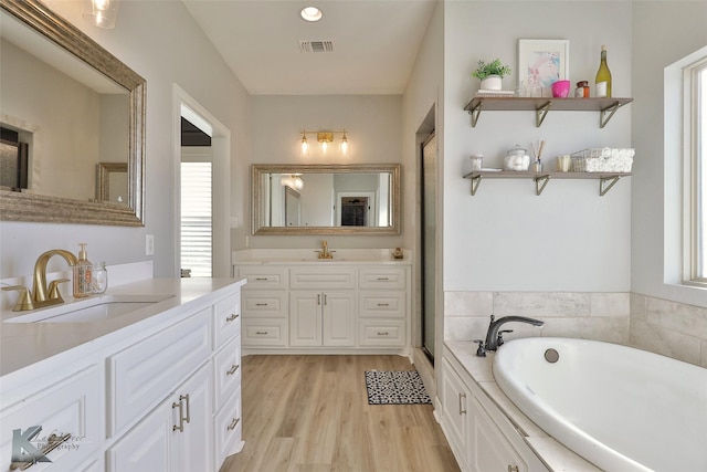 bathroom with wood-type flooring, a bathtub, and vanity