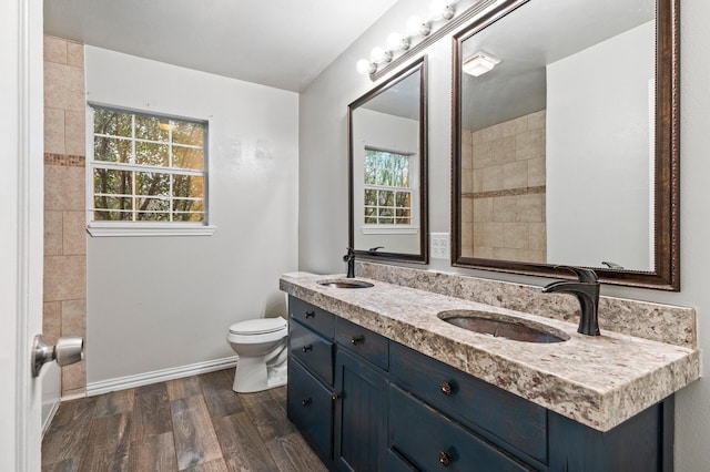 bathroom with hardwood / wood-style flooring, vanity, and toilet