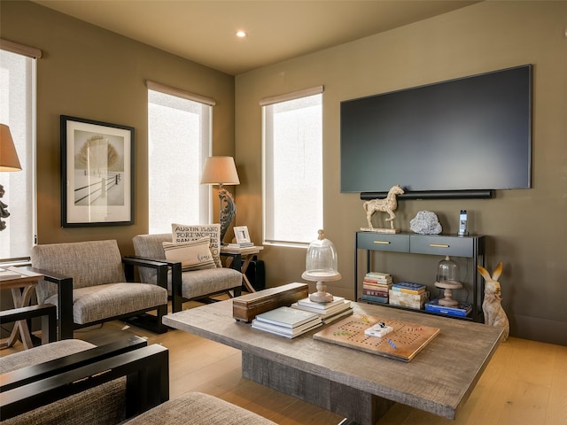 living room featuring light wood-type flooring and plenty of natural light