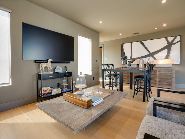 living room featuring light wood-type flooring and plenty of natural light