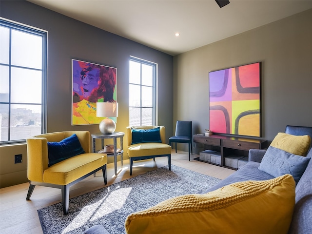 sitting room with light hardwood / wood-style floors and a wealth of natural light