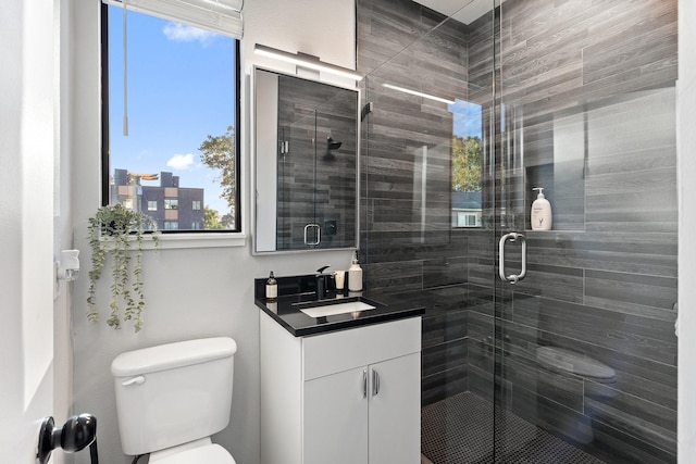 bathroom with vanity, toilet, and an enclosed shower