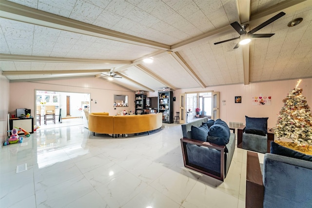 living room featuring vaulted ceiling with beams and ceiling fan