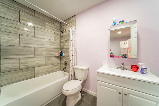 full bathroom featuring tile patterned floors, shower / tub combo with curtain, vanity, and toilet