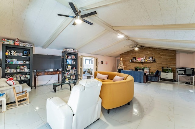 living room featuring lofted ceiling with beams, wood walls, and ceiling fan