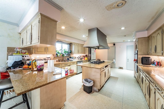 kitchen with a center island, stainless steel appliances, island exhaust hood, decorative backsplash, and a breakfast bar