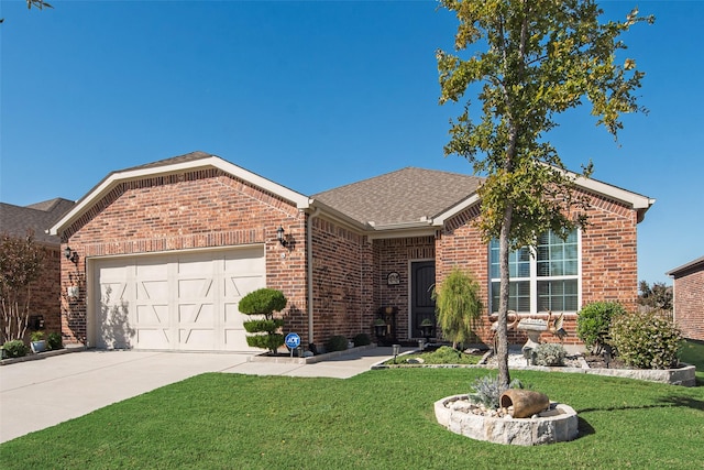 ranch-style home featuring a front lawn and a garage