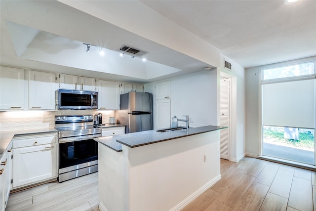 kitchen featuring sink, appliances with stainless steel finishes, a kitchen island with sink, a tray ceiling, and white cabinets