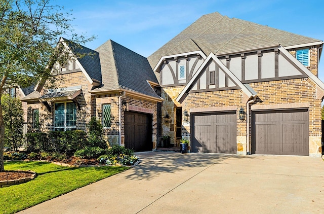 english style home with a garage and a front lawn