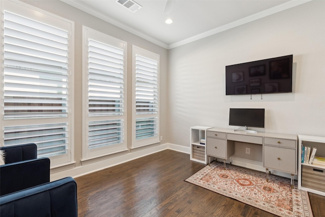 office with ornamental molding and dark hardwood / wood-style floors