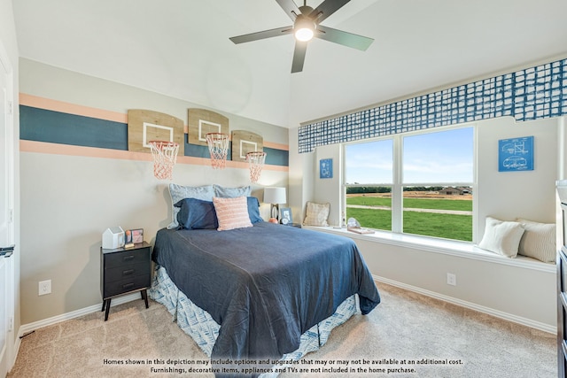 bedroom featuring light carpet and ceiling fan