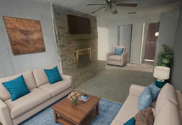 living room featuring ceiling fan and concrete floors