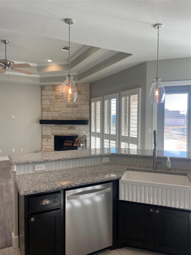 kitchen featuring stainless steel dishwasher, ornamental molding, a raised ceiling, ceiling fan, and sink