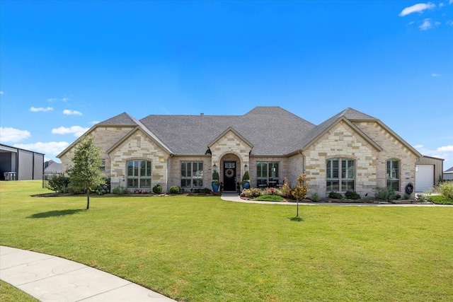 french country style house featuring a garage and a front yard