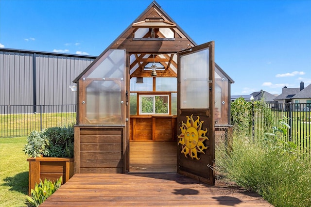 exterior space with an outbuilding