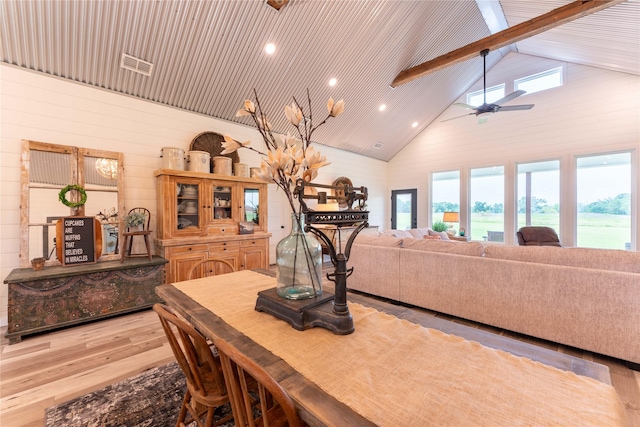 dining room featuring ceiling fan, light hardwood / wood-style flooring, beamed ceiling, high vaulted ceiling, and wood walls