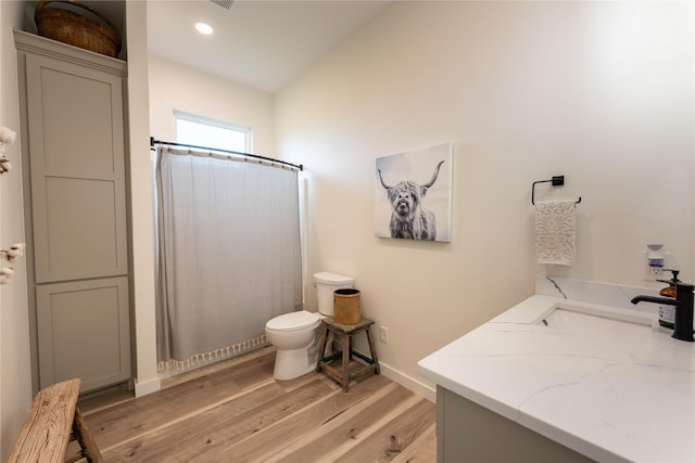 bathroom with walk in shower, vanity, wood-type flooring, and toilet