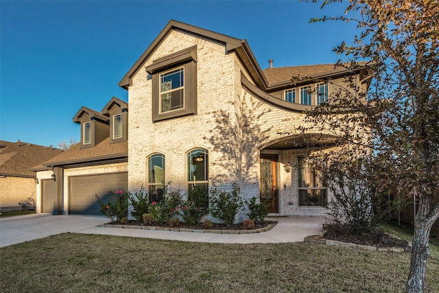 view of front of property with a garage and a front yard