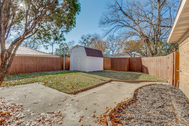 view of yard featuring a storage shed and a patio