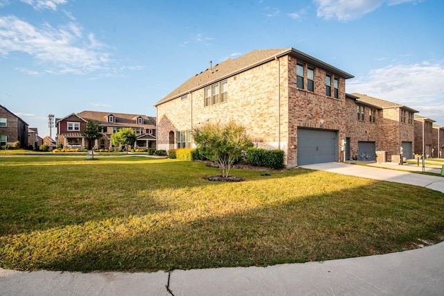 view of property exterior featuring a garage and a lawn