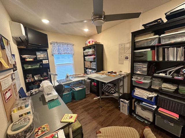 office with dark hardwood / wood-style floors and ceiling fan